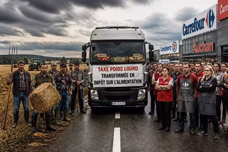 découvrez comment la taxe poids lourd impacte désormais le secteur alimentaire, suscitant une mobilisation commune de l'agriculture et de la grande distribution contre cet impôt.